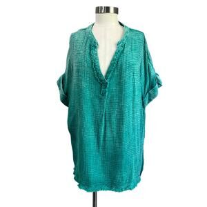 Umgee 100% Cotton Gauze Tunic Top Size M Teal Boho Oversized Summer Blouse